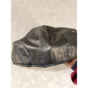 Black Leather Newsboy Cap OSFM Cabbie Hat Snap Brim Vintage Style Mens Womens